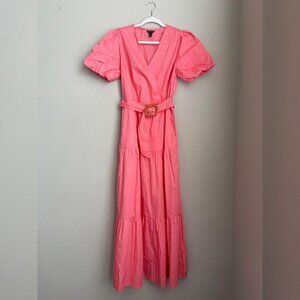 Versona Beautifull 3 Tier Maxi Dress Coral Poplin Surplice Neck Belted Size M